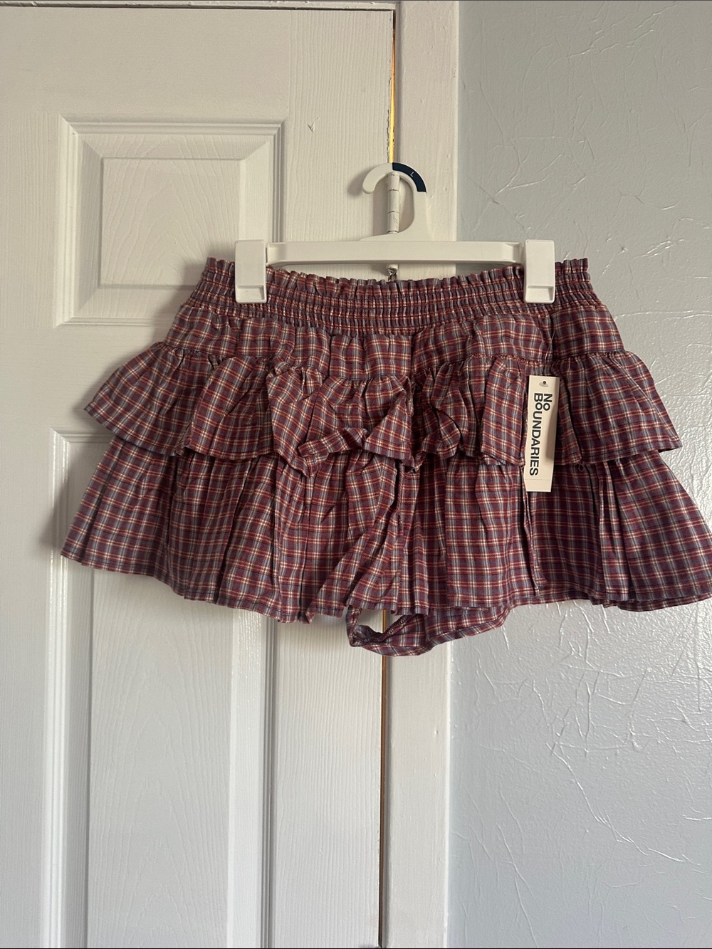 No Boundaries Burgundy Plaid Ruffle Skort